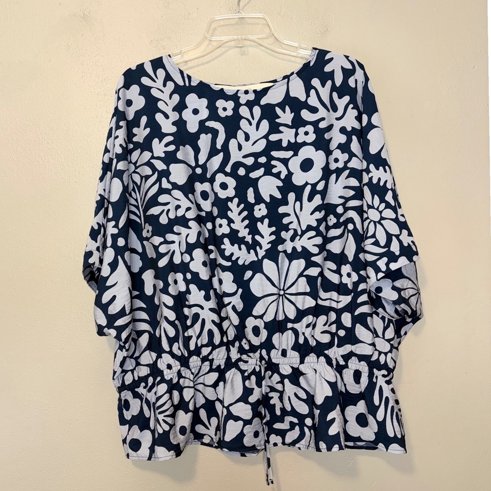 Peace Love World Boheme Collection Navy White Floral Drawstring Waist Top L
